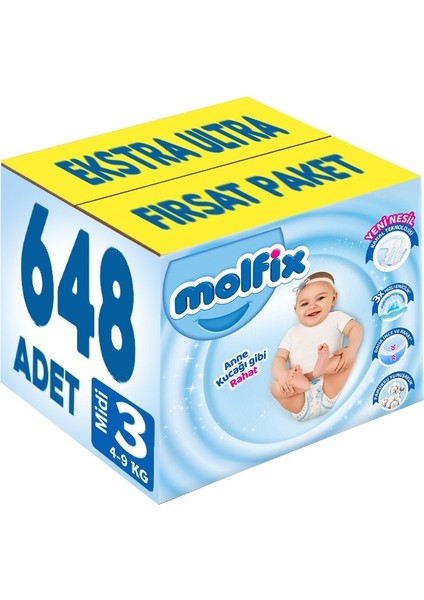 Bebek Bezi Beden:3 (4-9kg) Midi 648 Adet Ekstra Ultra Fırsat Pk