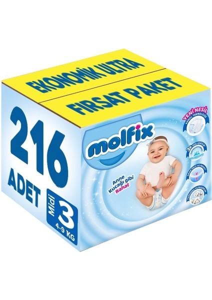 Bebek Bezi Beden:3 (4-9kg) Midi 216 Adet Ekonomik Ultra Fırsat Pk