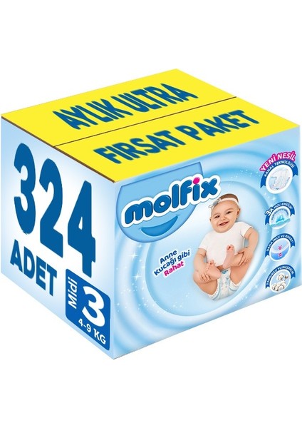 Bebek Bezi Beden:3 (4-9kg) Midi 324 Adet Aylık Ultra Fırsat Pk