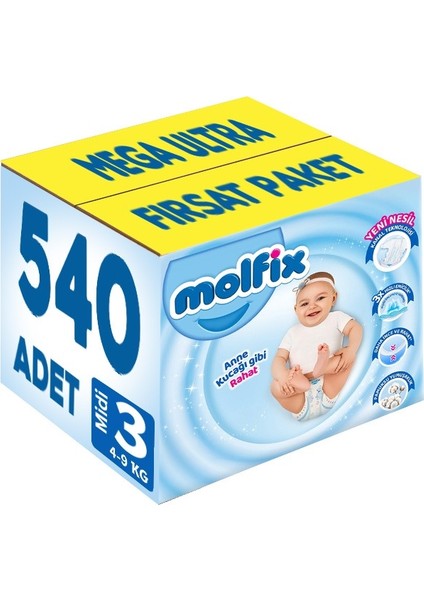 Bebek Bezi Beden:3 (4-9kg) Midi 540 Adet Mega Ultra Fırsat Pk