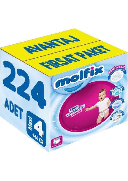 Külot Bebek Bezi Beden:4 (9-14KG) Maxi 224 Adet Avantaj Fırsat Pk