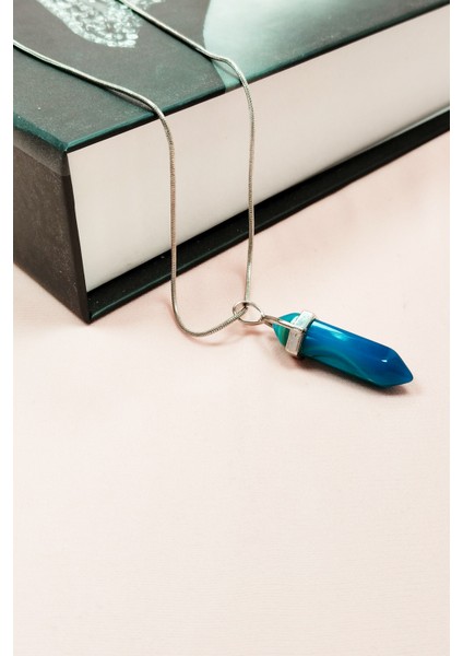 Aquamarin Doğal Taşı Zincirli El Yapımı Tasarımlı Kolye Uç: 3,5 cm Zincir: 20 cm Kutulu modelleri