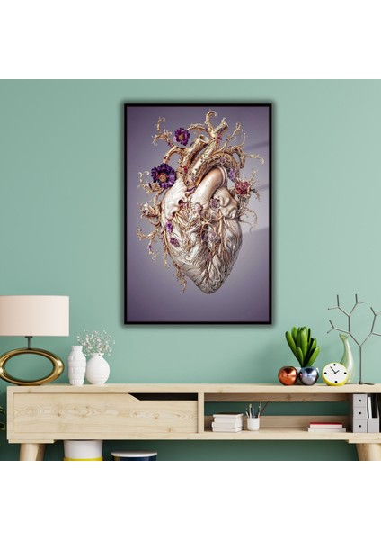 Metal Çerçeveli Cam Dahiliye Poliklinik Tablosu Mor Çiçekli Kalp