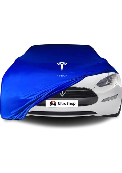 Tesla Model S (2016-2021) Araba Brandası Logolu Mavi Kumaş Penye Oto Branda