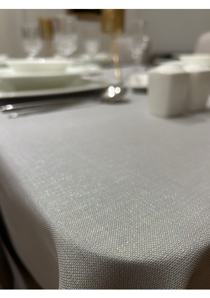 Meral Kurşun Collection Polyester Keten Simli Masa Örtüsü Gri