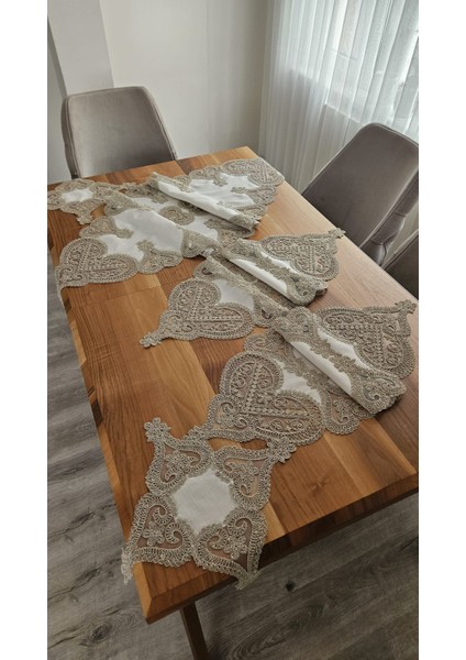 Keten Gardenya Üzerine Ağar Güpürlü Lüx Salon Takımı 5 Parça