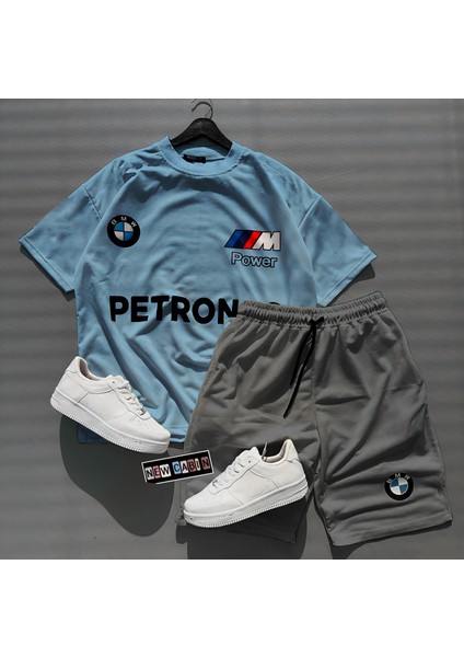 Yeni Sezon Oversize "bmw Petronas" Baskılı Pamuklu Bebe Mavisi Tişört Füme Şort Takım