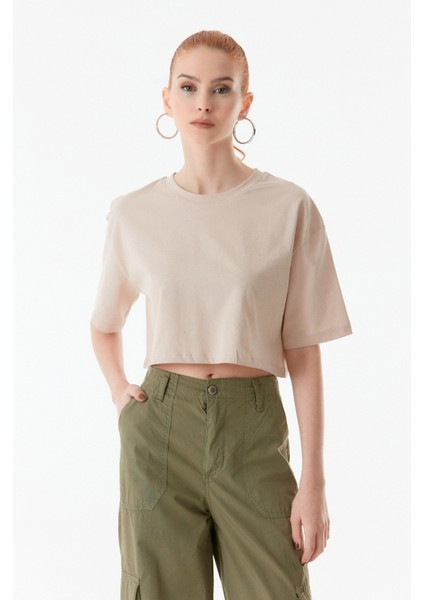 Basic Bisiklet Yaka Oversize Crop Tişört