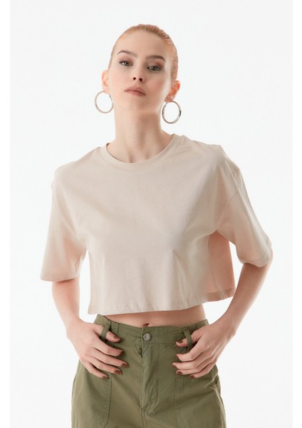 Basic Bisiklet Yaka Oversize Crop Tişört