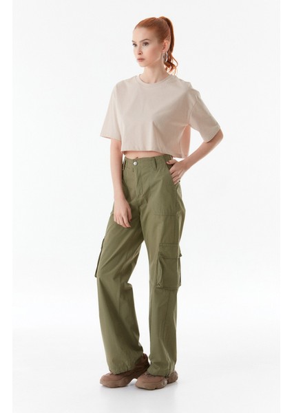 Basic Bisiklet Yaka Oversize Crop Tişört