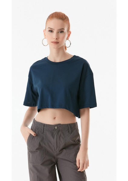 Basic Bisiklet Yaka Oversize Crop Tişört