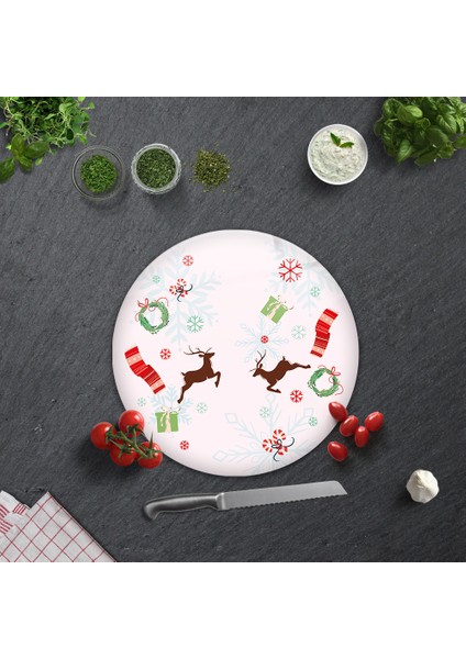 Yılbaşı Temalı | Cam Kesme Tahtası - Cam Kesme Tablası | Çap 32cm