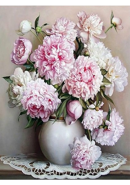 Beyaz Vazo ve Çiçekler 2 Sayılarla Boyama Seti 50X65 cm (Tuvale Gerili)