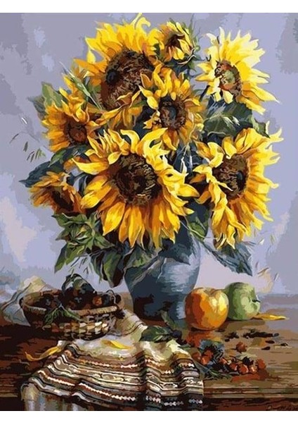 Masadaki Ayçiçekler Sayılarla Boyama Seti (Tuvale Gerili)