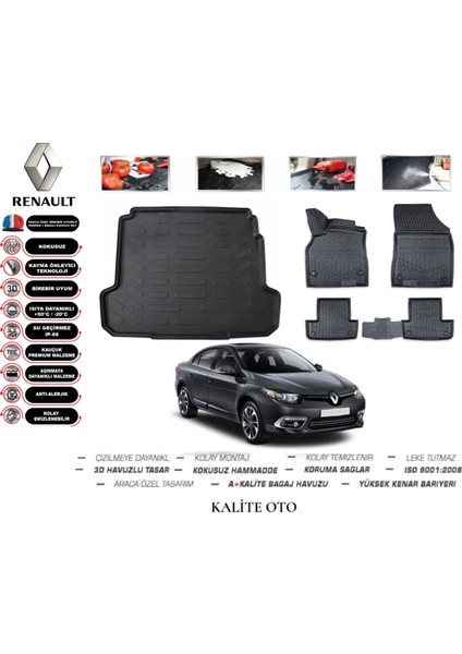 Kalite Oto Renault Fluence 2010 Model 3D Bagaj Havuzu+4d Havuzlu Paspas Setii