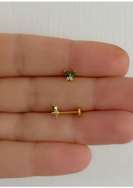 1 Adet Yeşil Zirkon Taşlı Kelebek Arkası Düz Önden Takmalı Tragus Kıkırdak Uyumlu Piercing Küpe