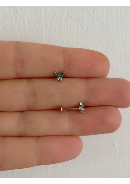 1 Adet Yeşil Zirkon Taşlı Kelebek Arkası Düz Önden Takmalı Tragus Kıkırdak Uyumlu Piercing Küpe