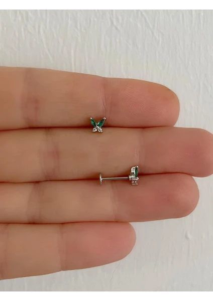 Ares Collection 1 Adet Yeşil  Zirkon Taşlı Kelebek Arkası Düz Önden Takmalı Tragus  Kıkırdak Uyumlu Piercing Küpe