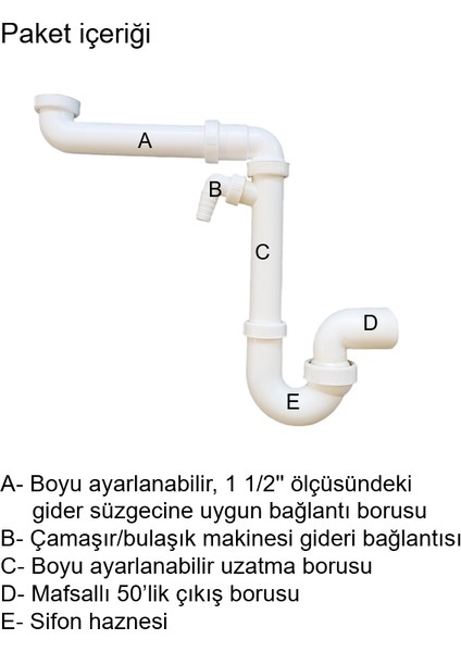 Yer Kazandıran Lavabo Sifonu ve Evye Sifonu, 1 1/2'' Süzgeçsiz, Lavabo Dolabında ve Çekmecesinde Evye Altında Duvara Bitişik Montajlı Koku Önleyici S Sistemi Çamaşır Bulaşık Makinesi Giderli