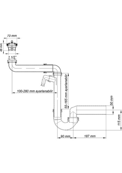 Yer Kazandıran Lavabo Sifonu ve Evye Sifonu, Delikli Süzgeçli, Lavabo Dolabında ve Çekmecesinde Evye Altında Duvara Bitişik Montajlı Koku Önleyici S Sistemi Çamaşır Bulaşık Makinesi Giderli