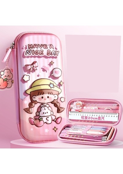 Jolita Eva Kalem Kutusu Büyük Kapasiteli 3D Karikatür Çok Fonksiyonlu Su Geçirmez Kırtasiye Kutusu Pembe (Yurt Dışından)