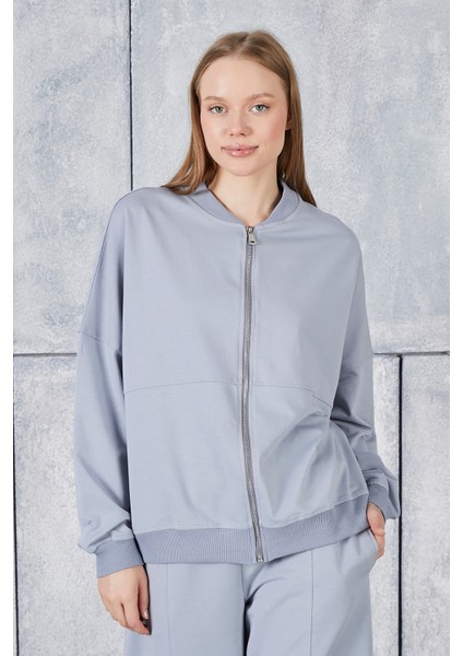 Fancy Kadın Bomber Yaka Içi Şardonsuz Fermuarlı Oversize Fit Sweatshirt