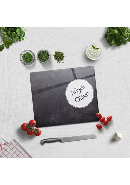 Afiyet Olsun | Karatahta Görünümlü | Cam Kesme Tablası | 29 cm x 34 cm