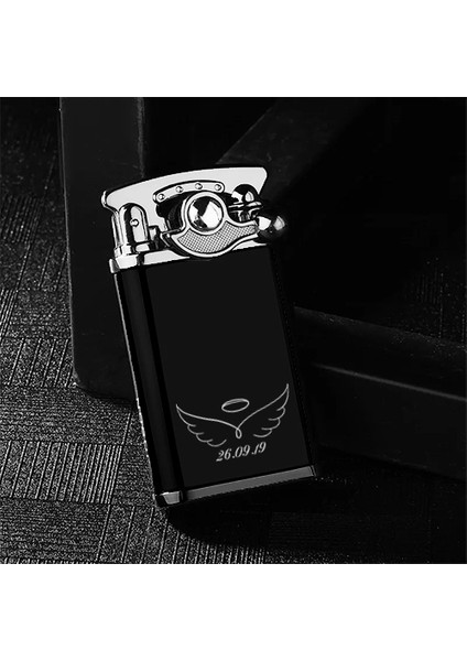 Kişiye Özel Isim ve Tarihli Melek Kanat Tasarım Benzinli Lüks Metal Siyah Çakmak