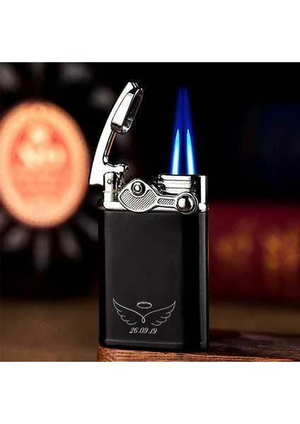 Kişiye Özel Isim ve Tarihli Melek Kanat Tasarım Benzinli Lüks Metal Siyah Çakmak fiyatları