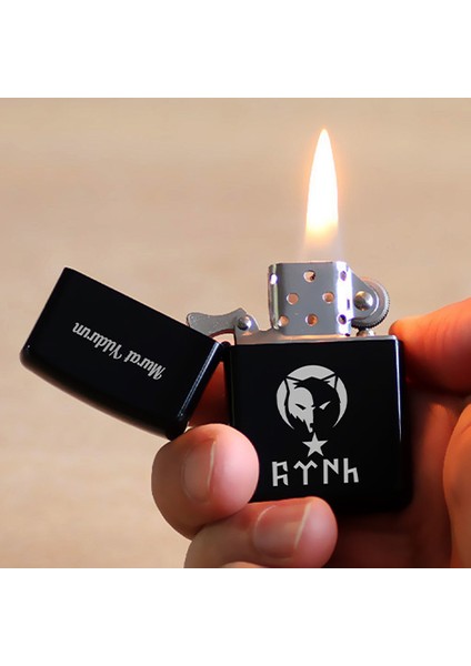 Kişiye Özel Isimli Benzinli Zippo Çakmak Bozkurt Temalı Siyah