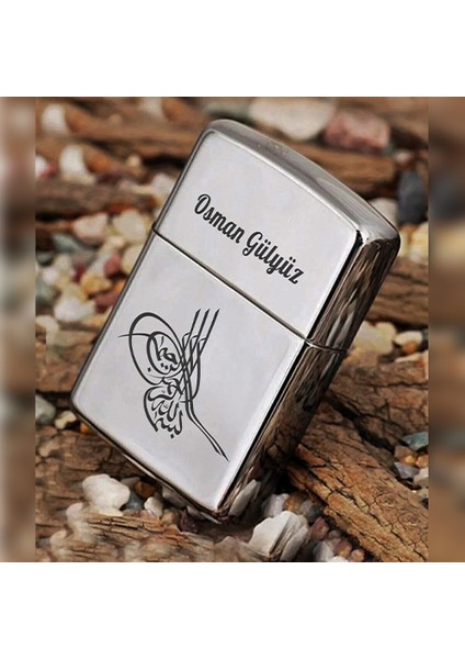 Kişiye Özel Isimli Benzinli Zippo Çakmak Gri Osmanlı Tuğrası Tasarımlı
