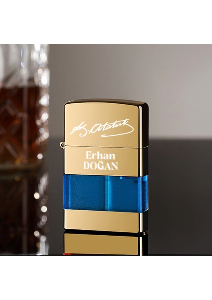 Kişiye Özel Isimli Şeffaf Gövde Metal Gazlı Gold Çakmak Atatürk Temalı