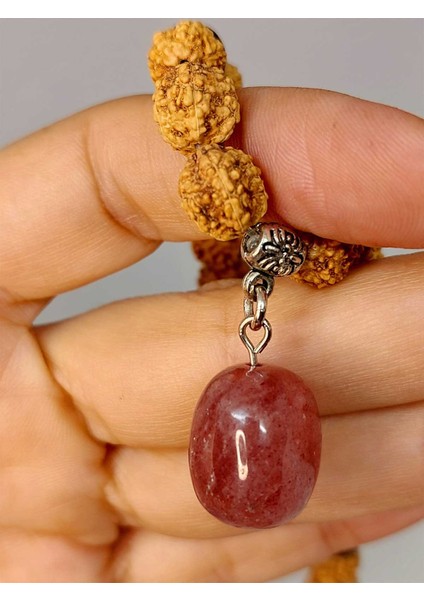Çilek Kuvars Taşlı Rudraksha Tohum Kolye Dolama Bileklik 8mm (49724)