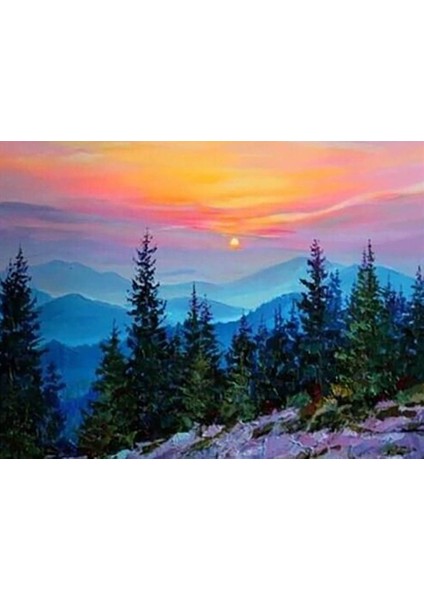 Çamlar ve Günbatımı Sayılarla Boyama SETI (40X50 cm Tuval Şasesine Gerili)