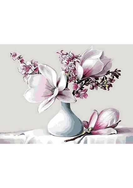 Beyaz Vazo ve Çiçekler Sayılarla Boyama Seti 50X65 cm (Tuvale Gerili)