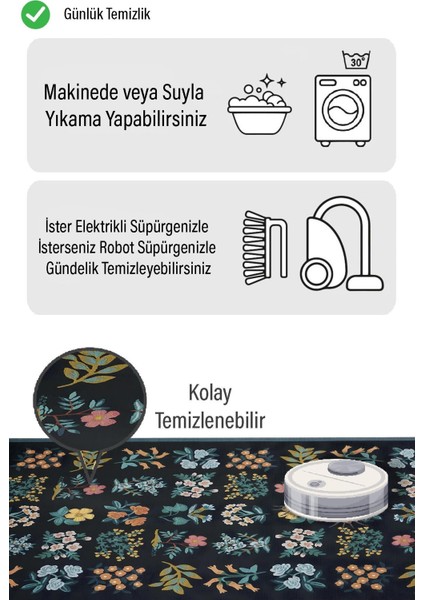 Siyah Üstüne Renkli Çiçek Desen Dijital Baskılı Zenit Kilim