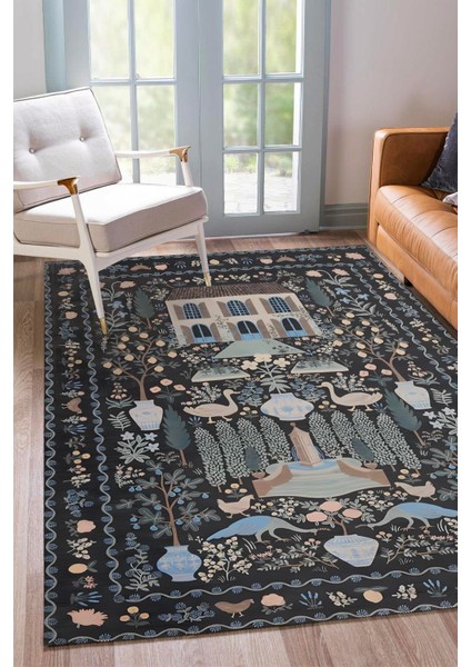 Siyah Üstüne Ev ve Doğa Desen Dijital Baskılı Zenit Kilim