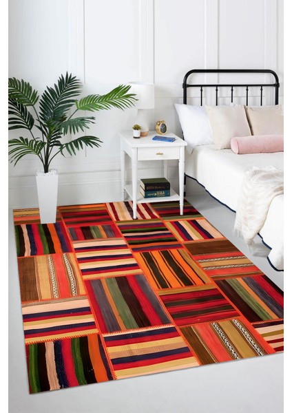 Renkli Çizgili Otantik Desen Dijital Baskılı Zenit Kilim
