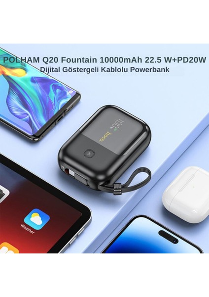 Hc 22.5W 10000MAH Type C Kablolu Powerbank, Yüksek Voltaj ve Isı Korumalı Taşınabilir Powerbank