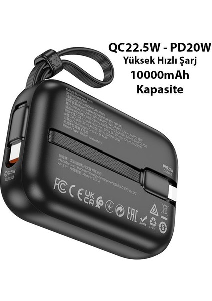 Hc 22.5W 10000MAH Type C Kablolu Powerbank, Yüksek Voltaj ve Isı Korumalı Taşınabilir Powerbank