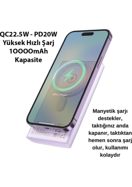 Hc Magsafe Uyumlu 22.5W 10000MAH Kablosuz Şarjlı Powerbank, Voltaj ve Akım Korumalı Powerbank