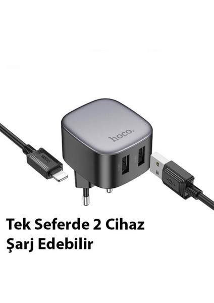 Hc 10.5W 2x USB Şarj Başlığı ve 1mt iPhone Lightning Kablolu Hızlı Şarj Adaptör Seti, Isı ve Akım Korumalı Şarj Aleti