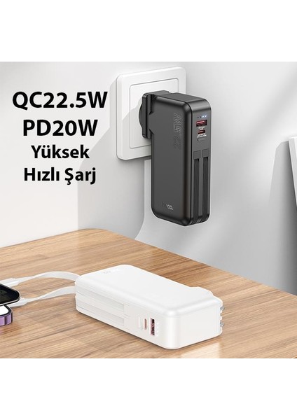 Dahili Type-C Kablolu ve Iphone Kablolu 22.5W 10000 Mah Powerbank ve Priz Girişli Şarj Cihazı