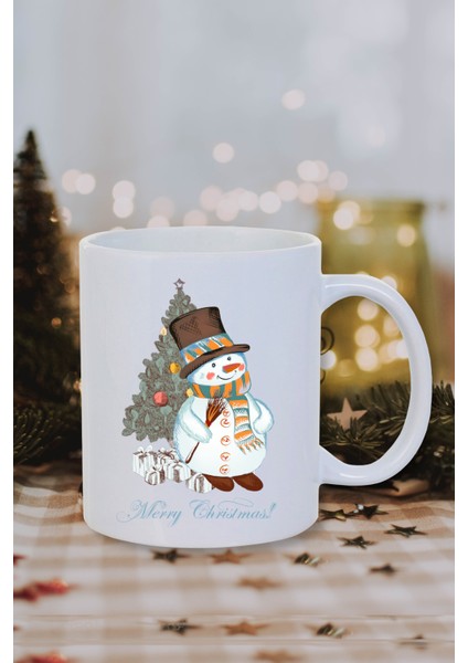 Yılbaşı Noel Temalı Kardan Adam ve Noel Ağacı Baskılı Yeni Yıl Hediye Kupa Bardak-Çay-Kahve