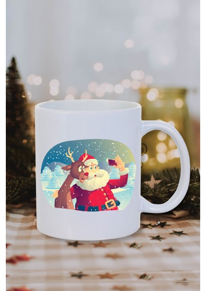 Yılbaşı Noel Temalı Noel Baba ve Geyiği Selfiesi Baskılı Yeni Yıl Hediye Kupa Bardak-Çay-Kahve