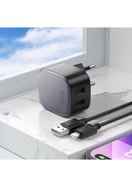 Hc 10.5W 2x USB Şarj Başlığı ve 1mt iPhone Lightning Kablolu Hızlı Şarj Adaptör Seti, Isı ve Akım Korumalı Şarj Aleti