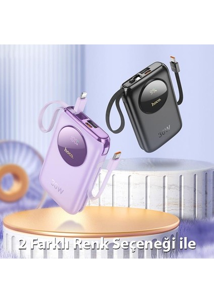 Dijital Göstergeli Dahili Type-C Kablolu ve Iphone Kablolu 30W 10000 Mah Powerbank Şarj Cihazı