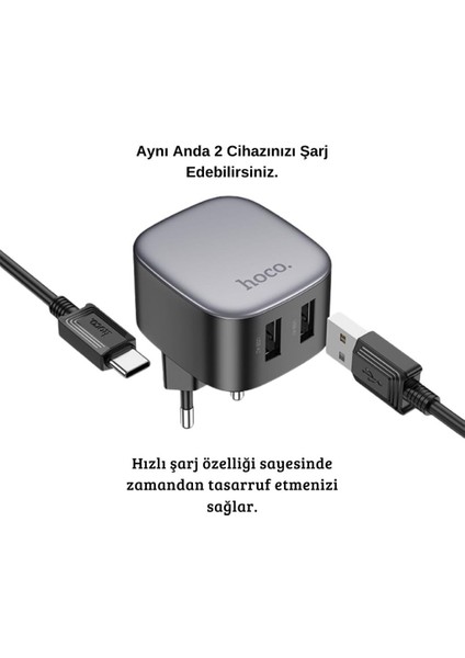 Şarj Akım Korumalı Çift USB Type-C Kablolu Şarj Başlığı Samsung Huawei Xiaomi Lenovo Şarj Seti