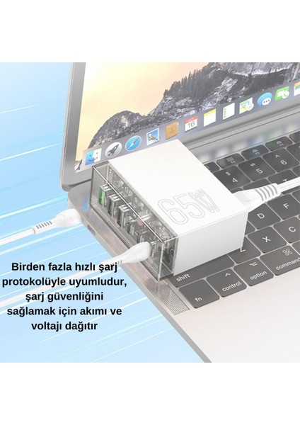 Super Şarj Istasyonu 1.2mt 3 Type-C +3 Usb-A Girişli 65W Şarj Başlık Samsung Iphone Şarj Başlık