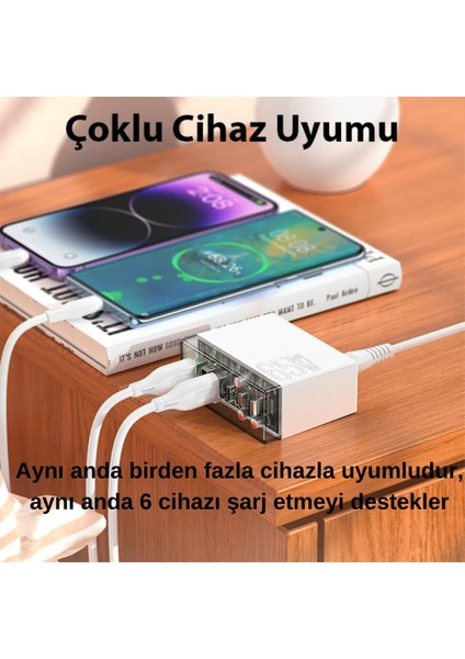 Super Şarj Istasyonu 1.2mt 3 Type-C +3 Usb-A Girişli 65W Şarj Başlık Samsung Iphone Şarj Başlık
